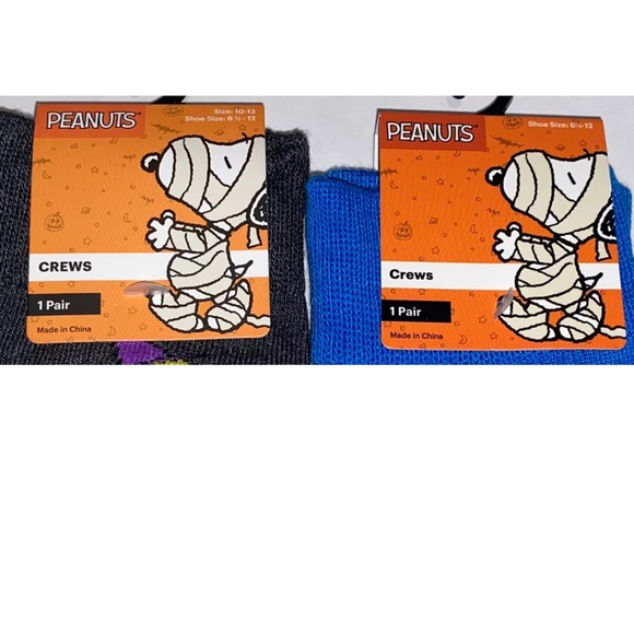 Peanuts Snoopy & Woodstock Crew Socks 2 Pair Men 6.5-12 Black Gray w Pumpkin NEW - Picture 2 of 11